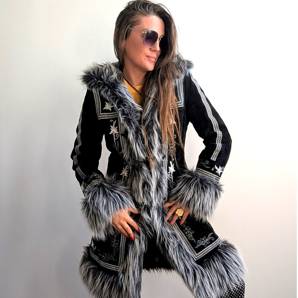 Vintage Black Suede Coat Penny Lane Groovy Faux Fur Jacket Afghan Trench Medium - Picture 2 of 13